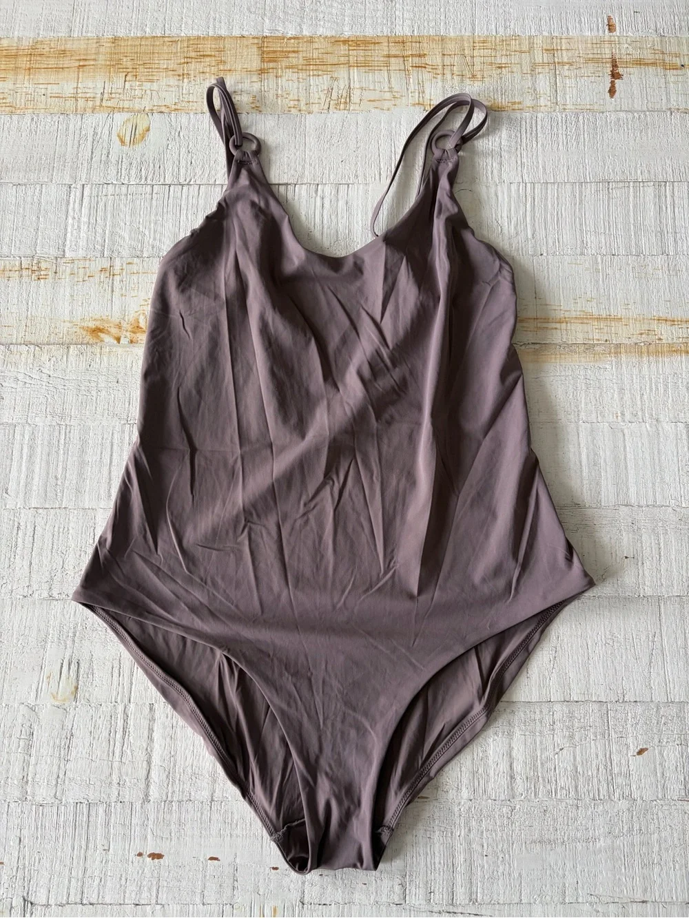 COS size 12 Mauve Grey One Piece Swimsuit Minimalist Ring Detail Double Strap